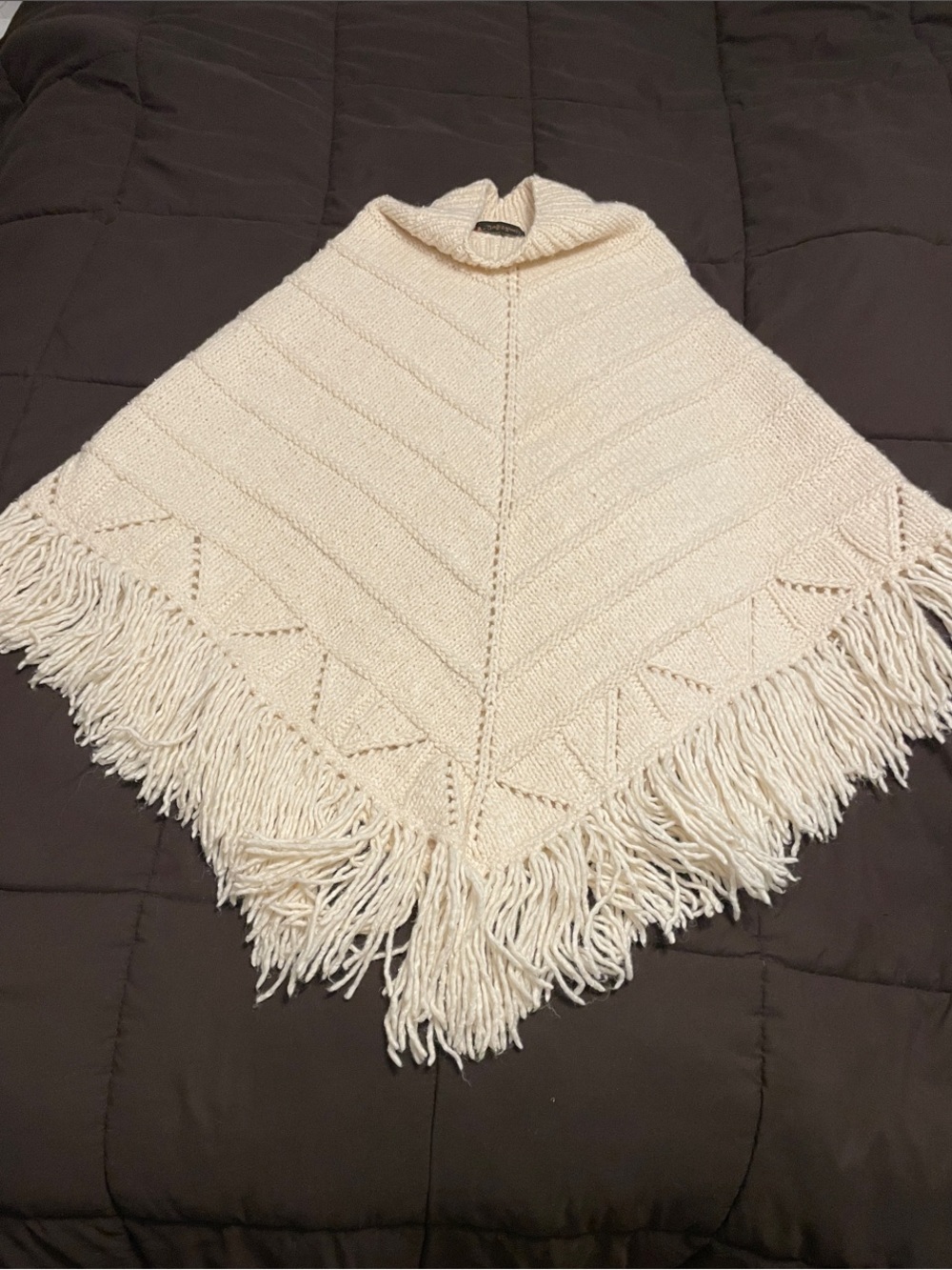 Cream Fringed Knit Poncho Sweater - Wool and Cotton